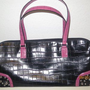 Women's black purse with pink straps.